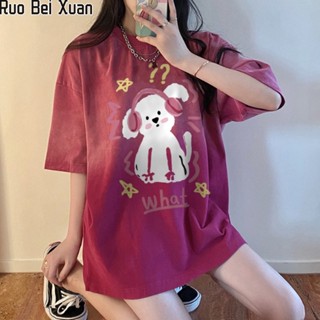 Ruo Bei Xuan เสื้อยืดลําลอง ผ้าฝ้าย แขนสั้น พิมพ์ลาย ทรงหลวม ไล่โทนสี สําหรับสตรี