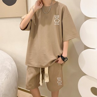ชุดกีฬา เสื้อแขนสั้น ลําลอง ลายวาฟเฟิล สีพื้น แบบเรียบง่าย สําหรับผู้ชาย