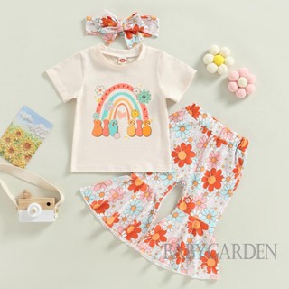 Babygarden-1-5 ปี ชุดเสื้อผ้าเด็กผู้หญิง ฤดูร้อน พิมพ์ลายสายรุ้ง เสื้อยืดแขนสั้น + กางเกงขาบาน ลายดอกไม้ + ที่คาดผม