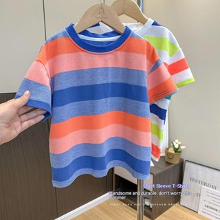 พร้อมส่ง เสื้อยืดแขนสั้น ลายทาง แฟชั่นฤดูร้อน สําหรับเด็กผู้ชาย