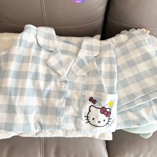 Sanrio ชุดนอน เสื้อคาร์ดิแกน แขนยาว ลายการ์ตูน Hello Kitty น่ารัก สองชิ้น สําหรับผู้หญิง [RAIN]