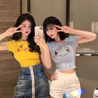 เสื้อครอปท็อปแขนสั้น แบบรัดรูป พิมพ์ลายการ์ตูนน่ารัก แฟชั่นฤดูร้อน สําหรับผู้หญิง