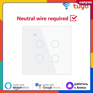 1/2/3/4 Gang Tuya Wifi สวิตช์สัมผัสอัจฉริยะ Neutral Wire ต้องใช้ Smart Home Life Waterproof Wall Light Switch รองรับ Vocie Control canyon