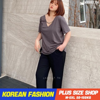 Plus size เสื้อผ้าสาวอวบ❤ เสื้อยืดสาวอวบอ้วน ไซส์ใหญ่ ผู้หญิง เสื้อยืด oversize ทรงหลวม แขนสั้น คอวี ฤดูร้อน สไตล์เกาหลีแฟชั่น