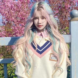 [พร้อมส่ง] วิกผมยาวหยิก สีชมพู สีฟ้าธรรมชาติ สไตล์ตะวันตก สําหรับผู้หญิง 2023