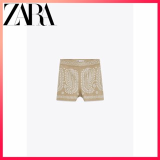 Zara ใหม่ กางเกงขาสั้น เอวสูง ผ้าลินิน ปักลาย สีตัดกัน สําหรับผู้หญิง