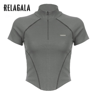 Relagala ใหม่ เสื้อยืดลําลอง แขนสั้น เข้ารูป สีตัดกัน แฟชั่นสําหรับสตรี 2023