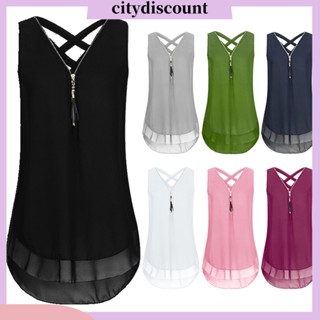 &lt;citydiscount&gt; เสื้อยืดแขนกุด คอวี ผ้าชีฟอง มีซิป พลัสไซซ์ สีพื้น สําหรับผู้หญิง