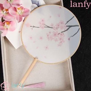 LANFY พัด ด้ามจับไม้ ทรงกลม กึ่งโปร่งใส ปักลาย สไตล์คลาสสิก สําหรับถ่ายภาพ งานแต่งงาน สุภาพสตรี