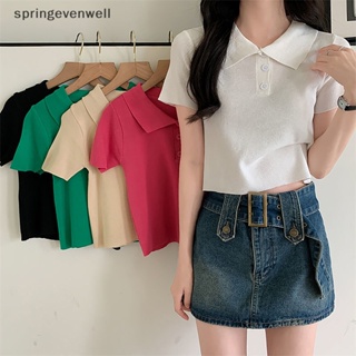 [springevenwell] ใหม่ พร้อมส่ง เสื้อครอป แขนสั้น ลายทาง ติดกระดุม ผ้าถัก ลําลอง