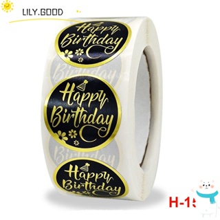 LILY สติกเกอร์ Happy Birthday มีกาวในตัว ทรงกลม สีดํา ทอง 1 นิ้ว 500 ชิ้น สําหรับวันเกิด