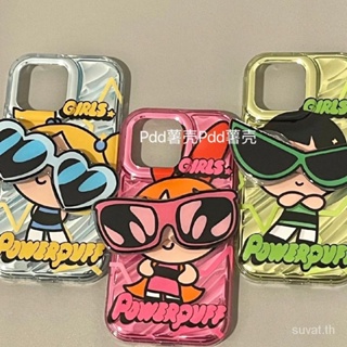 เคสโทรศัพท์มือถือแบบแข็ง ใส กันกระแทก ลายการ์ตูน Powerpuff Girls พร้อมที่ตั้งวาง สําหรับ iPhone 7 8 Plus XS XR X XS max 11 12 13 14 11 Pro max 12 Pro 13 Pro max 14 Pro max เคส