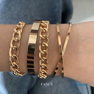 Fancy 5 ชิ้น พังก์ โค้ง คิวบา สร้อยข้อมือโซ่ สําหรับผู้หญิง ไมอามี่ โบโฮ หนา สีทอง เสน่ห์ สร้อยข้อมือ กําไลข้อมือ เครื่องประดับแฟชั่น