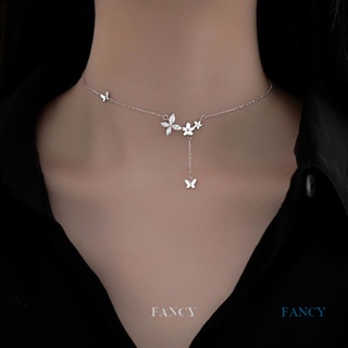 Fancy สร้อยคอโซ่ จี้ผีเสื้อ ดอกไม้ ประดับพู่ สีเงิน เครื่องประดับ สําหรับผู้หญิง