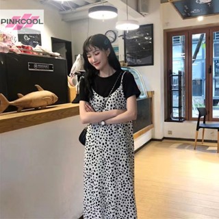 Pinkcool ชุดเดรสยาว แขนกุด พิมพ์ลายจุด สง่างาม แฟชั่นฤดูร้อน สําหรับผู้หญิง (ไม่รวมเสื้อยืด) ขายดี