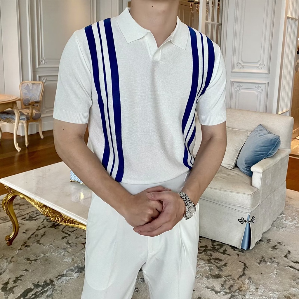 เสื้อโปโลแขนสั้นลําลอง คอวี ผ้าเรยอนถัก สไตล์เกาหลี และฮ่องกง ระดับไฮเอนด์ สําหรับผู้ชาย
