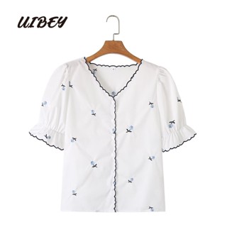 Uibey เสื้อเชิ้ต คอวี แขนสั้น ปักลายลูกไม้ แฟชั่น 5146