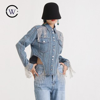 Ms ACSL88 เสื้อแจ็กเก็ตยีน คอปก ประดับเพชร แต่งพู่ สไตล์เกาหลี ญี่ปุ่น สําหรับผู้หญิง