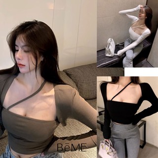 พร้อมส่ง เสื้อครอปเเขนยาวเเต่งสายไขว้ สำหรับผู้หญิงเเฟชั่น สวมใส่สบาย น่ารักเซ็กซี่