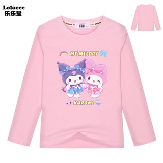 เสื้อยืดแขนยาว ผ้าฝ้าย พิมพ์ลาย My Melody and Kuromi น่ารัก แฟชั่นฤดูใบไม้ผลิ และฤดูใบไม้ร่วง สําหรับเด็กผู้หญิง