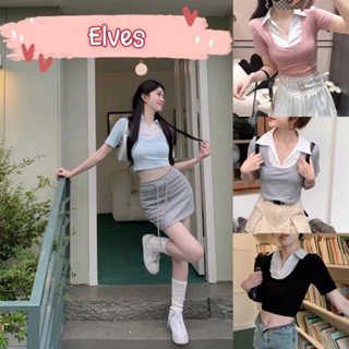 Elves✨พร้อมส่ง✨  เสื้อไหมพรมคอปก แขนสั้น ทรงครอปสั้น สีพาสเทลเกาหลี ~J168~ -C