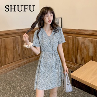 Shufu 5104 พร้อมส่ง ชุดเดรส คอวี แขนสั้น ผ้าชีฟอง ลายดอกไม้ พลัสไซซ์ สไตล์เกาหลี สําหรับผู้หญิง