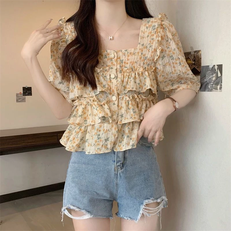 Bee เสื้อชีฟองลายดอก ปลอกคอสแควร์ แขนสั้น สไตล์เกาหลี thumbnail 7