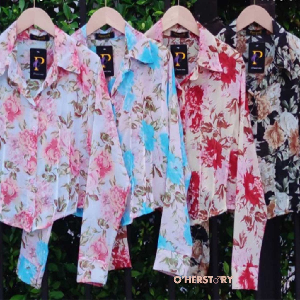 เสื้อเชิ้ตผู้หญิงลายดอกตัวใหญ่ สไตล์เกาหลี เสื้อแขนยาววินเทจ