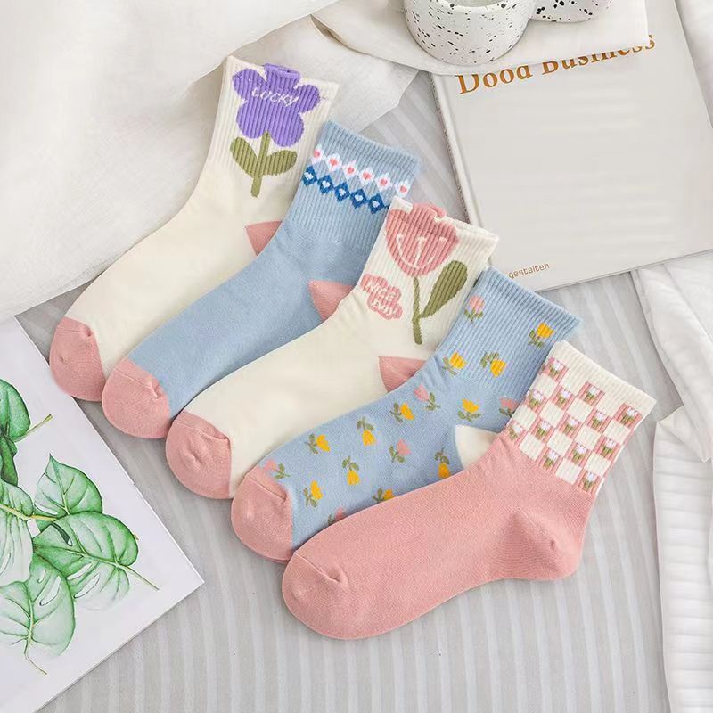 ถุงเท้าข้อกลาง ลายดอกไม้ สีชมพู สไตล์เกาหลี ญี่ปุ่น สําหรับผู้หญิง ราคา ถูกที่สุด ดีลบีเคเค รูปภาพหลัก