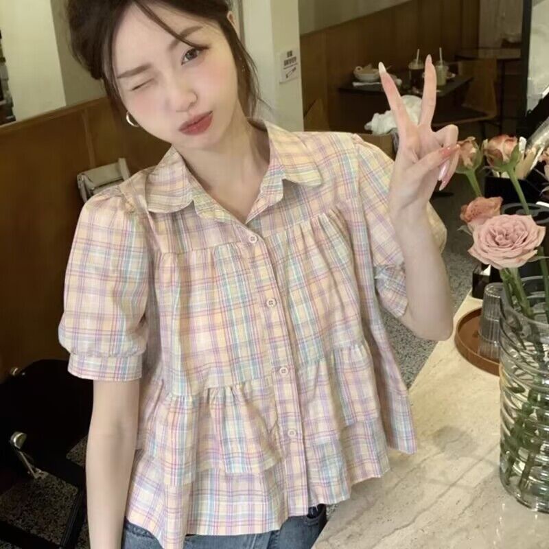 เสื้อเชิ้ตแขนพัฟ คอตุ๊กตา ลายสก๊อต ทรงหลวม ขนาดเล็ก เข้ากับทุกชุด สไตล์เกาหลี สําหรับผู้หญิง
