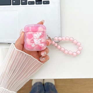 เคสหูฟังบลูทูธไร้สาย TPU ใส แบบนิ่ม ลายหมี หัวใจ สีชมพู พร้อมสายโซ่คล้องมือ สําหรับ AirPods 1 2 Pro2 2022 Gen3