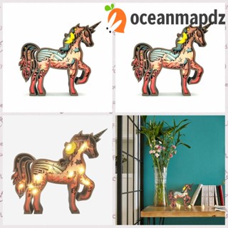 Oceanmapdz ของเล่นไม้ รูปยูนิคอร์น 3D พร้อมกล่องไฟ แฮนด์เมด สไตล์นอร์ดิก