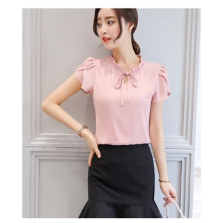 เสื้อแขนสั้น ผ้าชีฟอง สีพื้น แฟชั่นฤดูร้อน สําหรับผู้หญิง