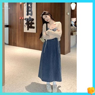 เสื้อคลุมสาวอวบ เสื้อสาวอวบ กระโปรงยีนส์สายเดี่ยวไซส์ใหญ่สำหรับผู้หญิงชุดเดรสใส่แล้วดูผอมสำหรับสาวอวบกระโปรงรักแรกพบสีฟ้ากระโปรงยาวสไตล์ฝรั่งเศสชั้นสูง