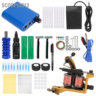 Scorpio313 ชุดเครื่องสักครบชุด Mini Tattoo Power Supply 10 Wraps Coil Machine Kit 90‑265V