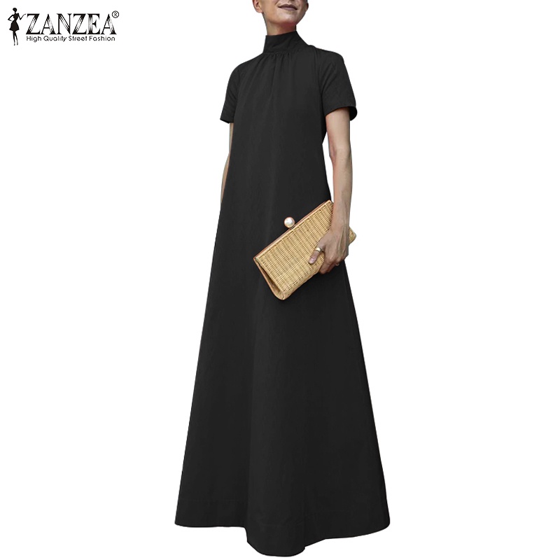 Zanzea ชุดแม็กซี่เดรส แขนสั้น คอสูง ทรงหลวม สีพื้น เรียบง่าย แฟชั่นสําหรับผู้หญิง