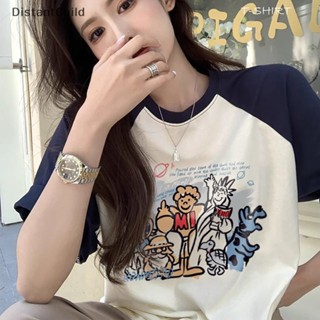 Dsth เสื้อยืดลําลอง แขนสั้น คอกลม พิมพ์ลายการ์ตูน ทรงหลวม แฟชั่นฤดูร้อน สําหรับสตรี DSS