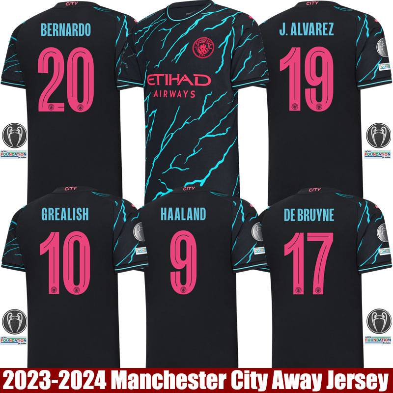 2023-2024 Manchester City Away Jersey Grealish Foden Bernardo De Bruyne Alvarez Haaland Fans Edition Tee