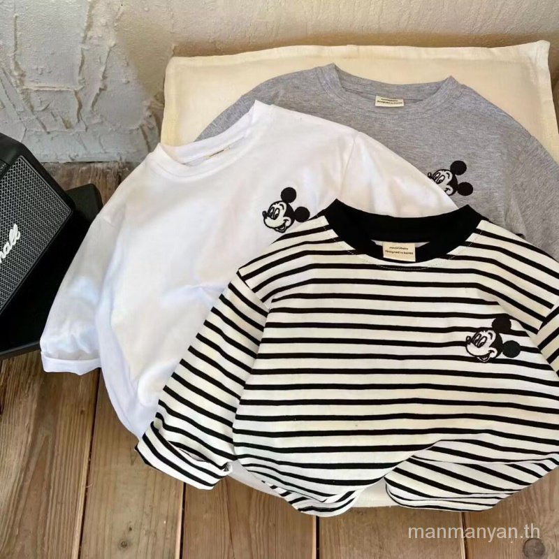 เสื้อยืดแขนยาว ผ้าฝ้ายแท้ ปักลายการ์ตูน ลายทาง แฟชั่นฤดูใบไม้ผลิ และฤดูใบไม้ร่วง สําหรับเด็กผู้ชาย และเด็กผู้หญิง