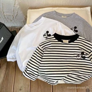 เสื้อยืดแขนยาว ผ้าฝ้ายแท้ ปักลายการ์ตูน ลายทาง แฟชั่นฤดูใบไม…