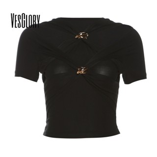 Vesglory เสื้อครอปท็อป คอกลม ผ้าถัก ฉลุลาย สีพื้น แฟชั่นสําหรับผู้หญิง 2023