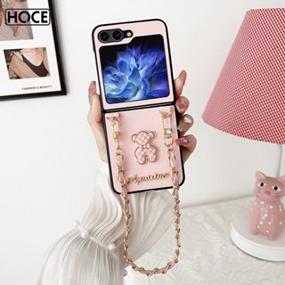 Hoce ZFlip5 เคสโทรศัพท์มือถือหนัง ลายหมีน่ารัก 3D พร้อมสายโซ่คล้องมือ สีพื้น สําหรับ Samsung Galaxy Z Flip 5 ZFlip4 5G zflip3