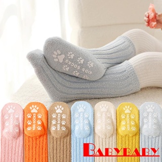 Babybaby- เด็กวัยหัดเดิน สีพื้น กันลื่น กํามะหยี่ ปะการัง ถุงเท้าหนา