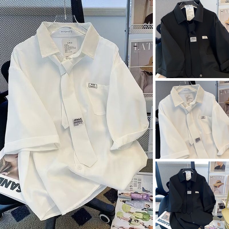 เสื้อเชิ้ต คอปกโปโล แขนห้าส่วน ผ้าเรยอน พิมพ์ลายตัวอักษร ทรงหลวม สไตล์เกาหลี สําหรับผู้หญิง  SLC158