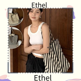 Ethel1 กระเป๋าสะพายไหล่ กระเป๋าถือ ผ้าแคนวาส ลายทาง ความจุขนาดใหญ่ สีตัดกัน สไตล์เกาหลี แฟชั่นสําหรับสตรี