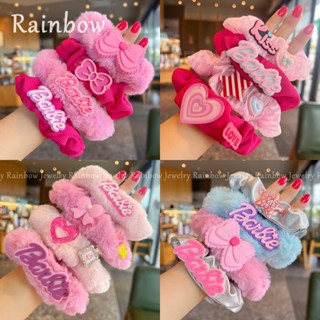 【Rainbow】ชุดยางรัดผม ประดับโบว์ ขนาดใหญ่ สีชมพู สไตล์เกาหลี สําหรับตุ๊กตาบาร์บี้ จํานวน 4 ชิ้น