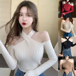 [FS] เสื้อเบลาส์ถัก แขนยาว เปิดไหล่ สายคล้องคอ เซ็กซี่ สําหรับผู้หญิง
