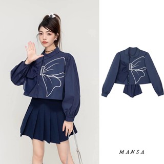 MANSA navy blue bow shirt เสื้อโอเวอร์ไซส์ เสื้อแขนพอง