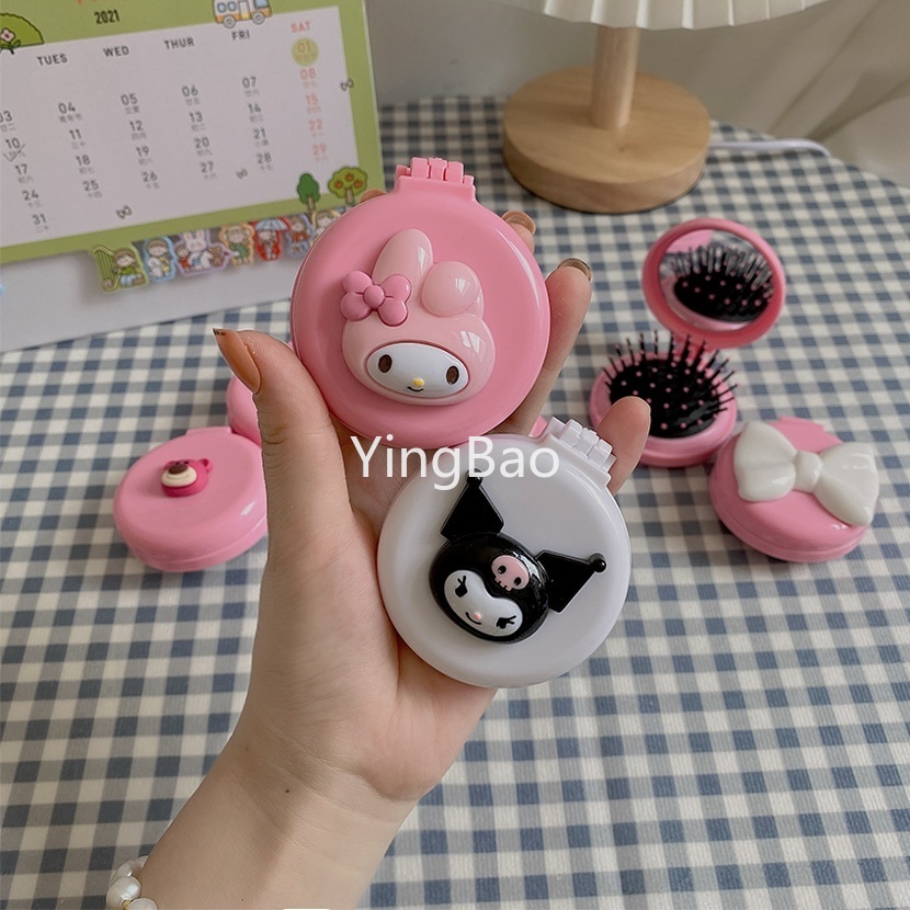 อะนิเมะ Kawaii My Melody Kuromi Kitty Cinnamoroll Air Cushion หวีกระจกกระจกแบบพกพาน่ารักการ์ตูนของเล่นสําหรับสาวของขวัญ