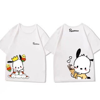 แฟชั่น Pochacco เสื้อยืดแขนสั้นหญิง 2023 ใหม่น่ารัก Sanrio เสื้อผ้าหญิงฤดูร้อนผ้าฝ้ายแท้ เสื้อผ้า